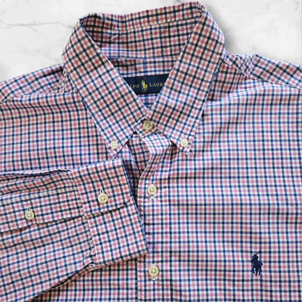Ralph Lauren Mens Button Down Shirt L Long Sleeve Check Plaid Blue Pink Classic